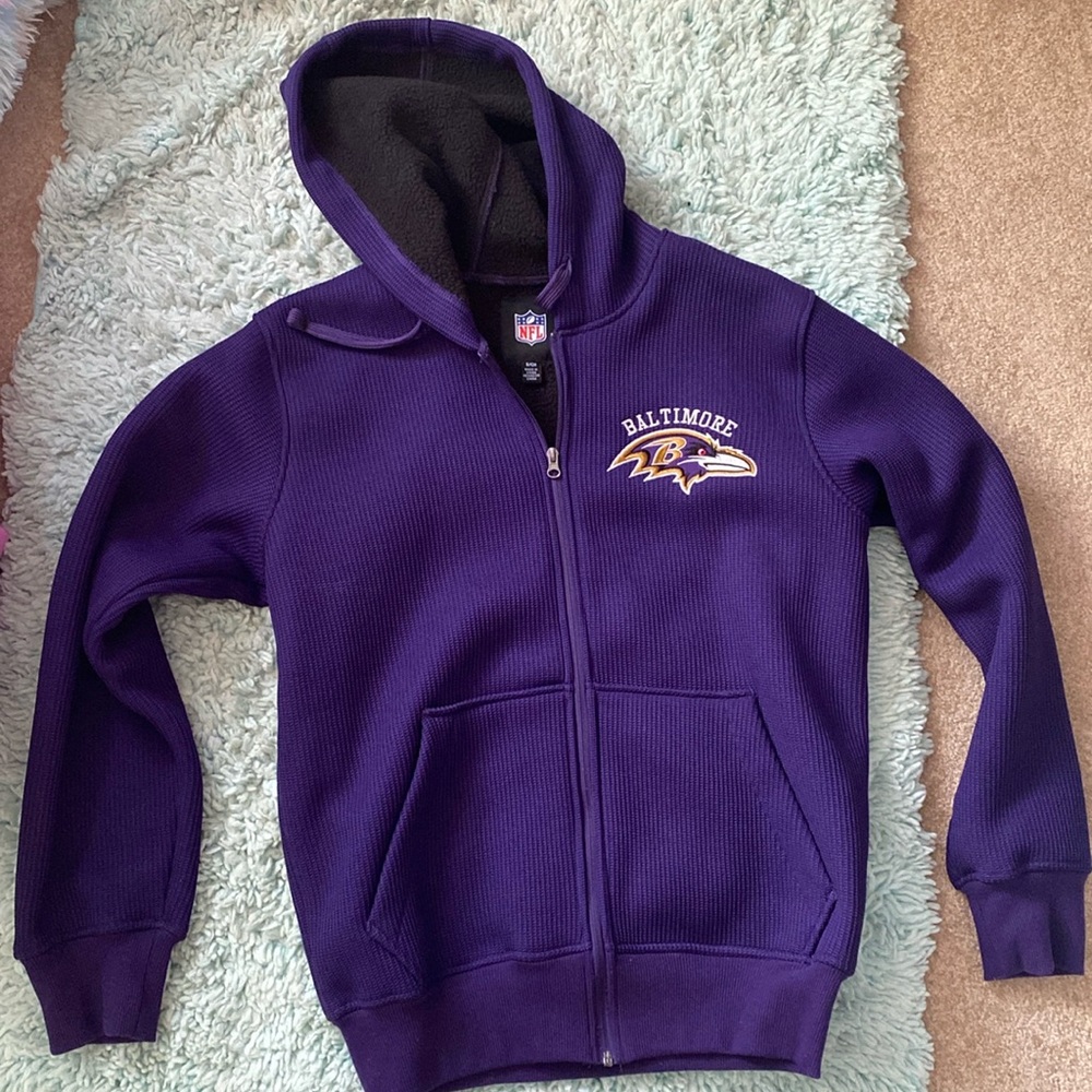 Unisex size small NFL Baltimore Ravens fleece lined medium weight hooded jacket